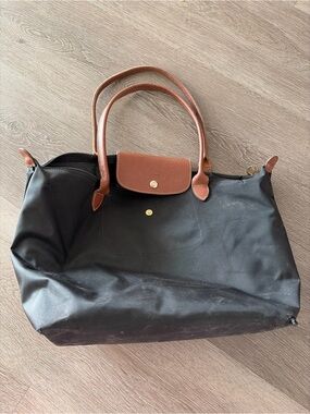Authentic Longchamp Black Nylon Tote with Brown Leather Trim